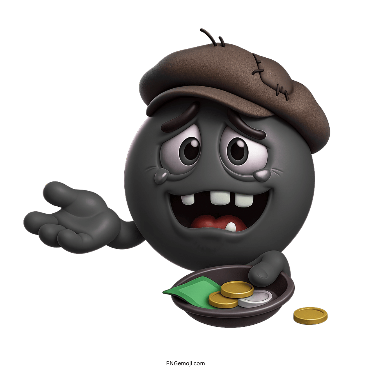3D sad grey beggar emoji with torn cap holding coins and cash