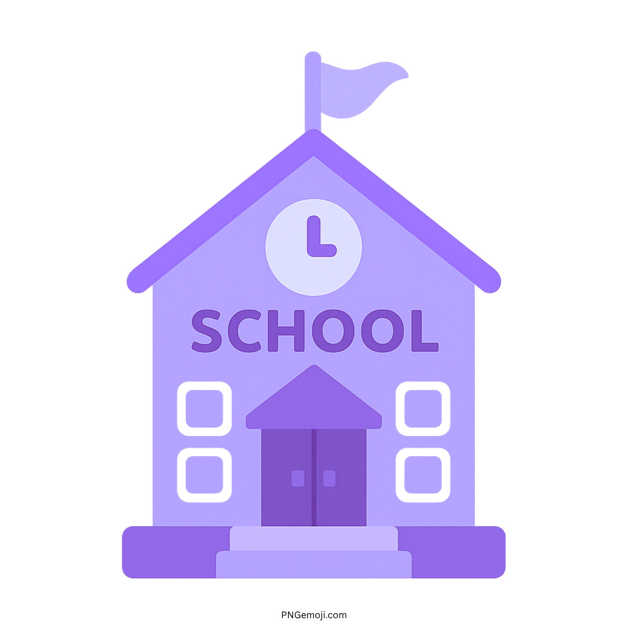 3D violet school emoji icon with flag, clock, and windows on transparent PNG