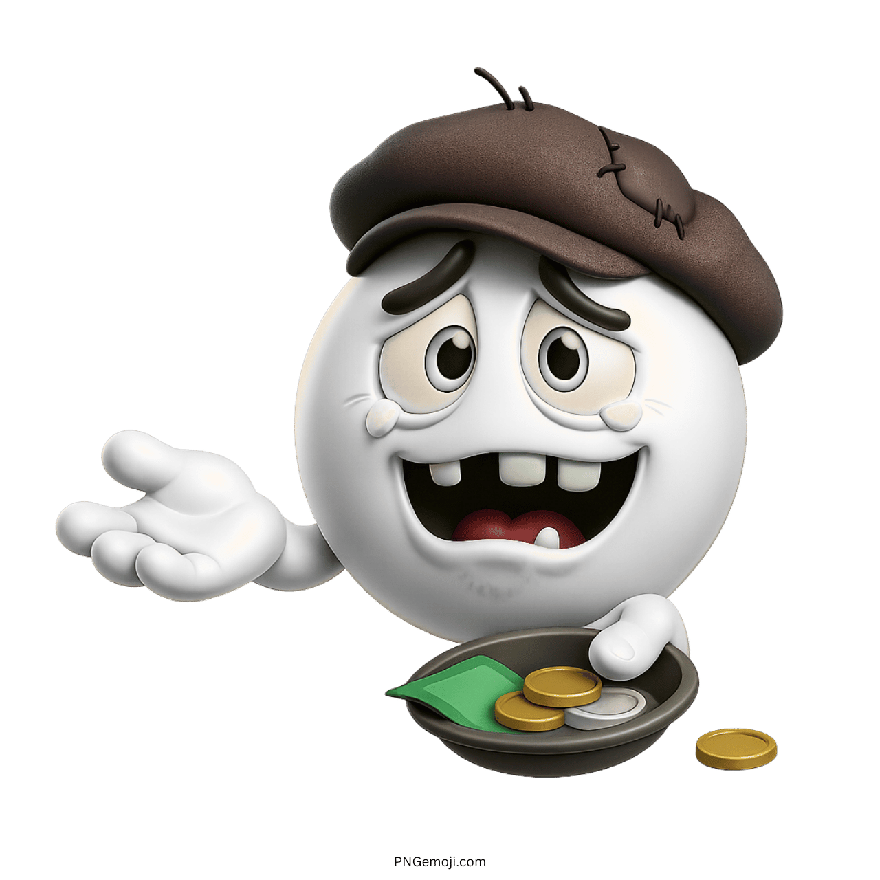 White 3D emoji with teary eyes holding money-filled hat in begging pose