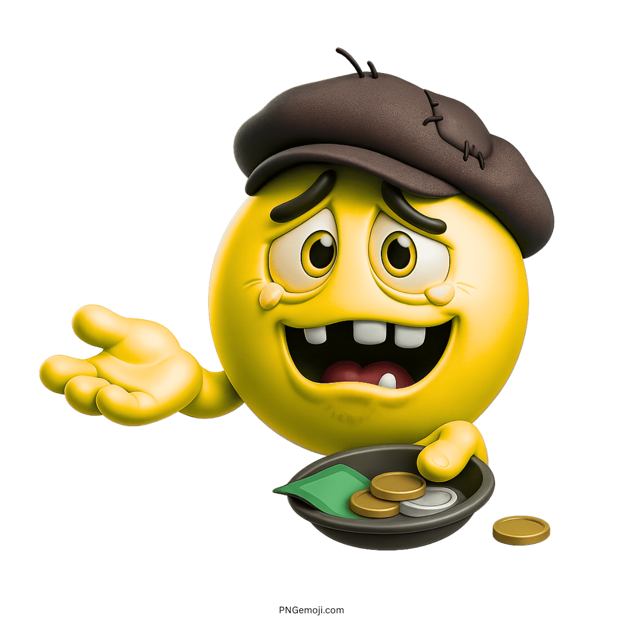 Yellow 3D emoji with sad face holding coins and cash in begging bowl