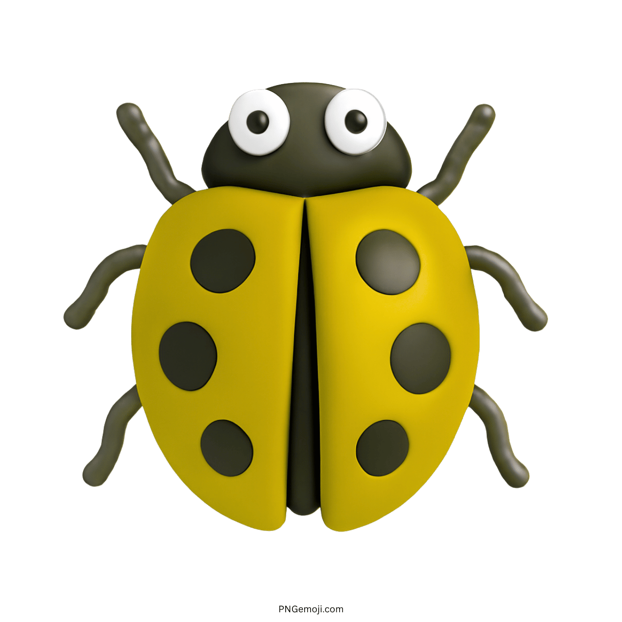 3D yellow lady beetle emoji with black spots and large eyes on transparent background