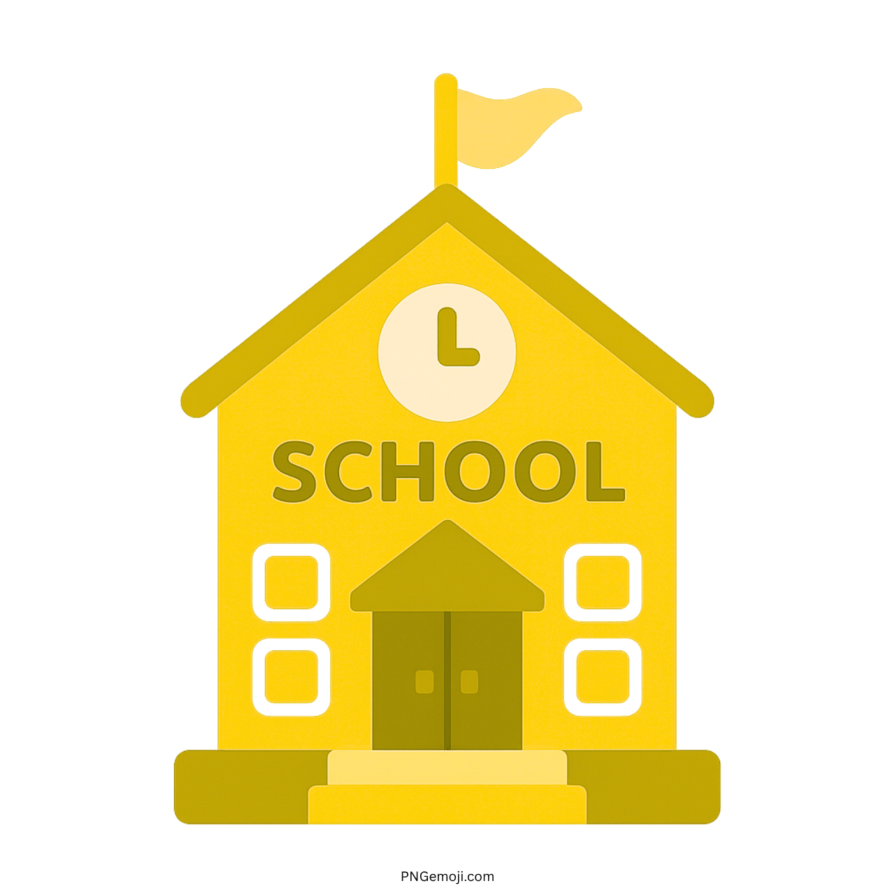 Yellow 3D school emoji with flag, clock, doors, and transparent background