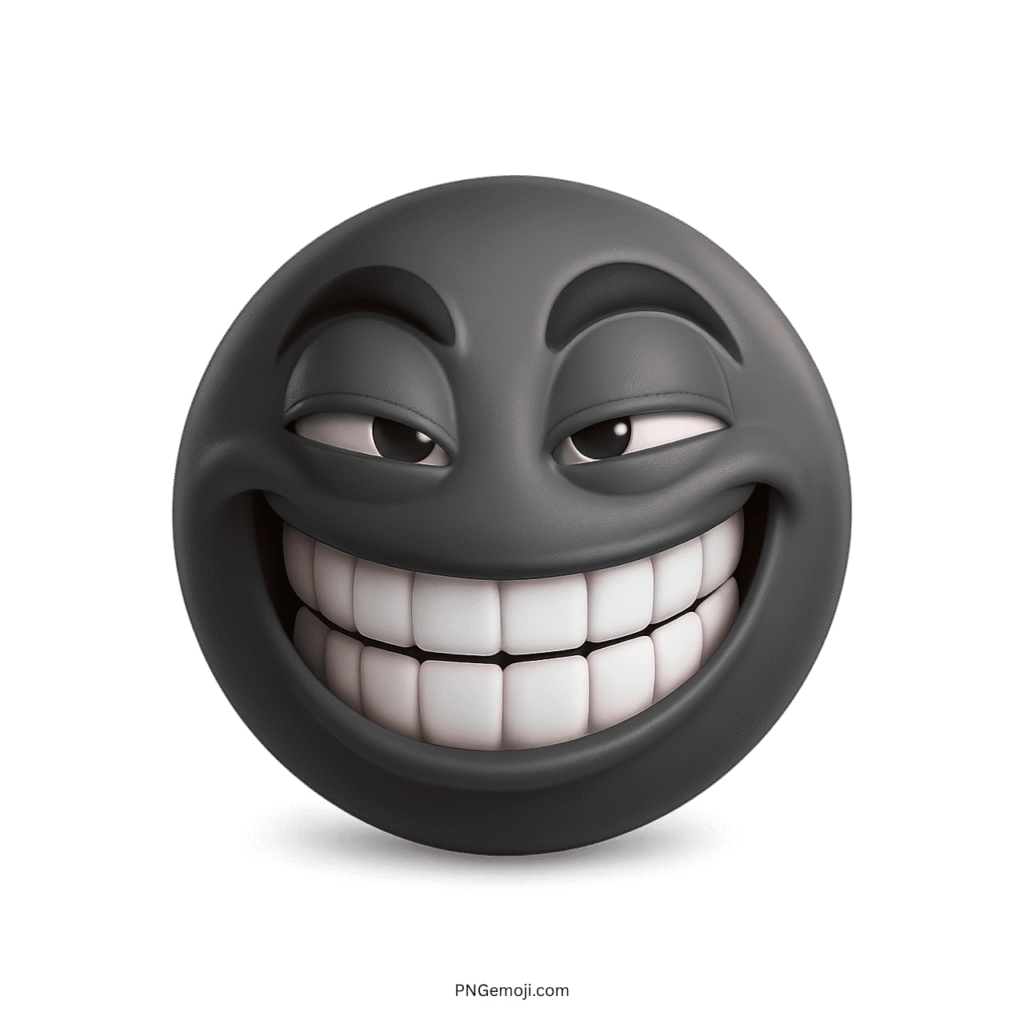 Black troll face emoji with mischievous grin and smug, devious expression in PNG