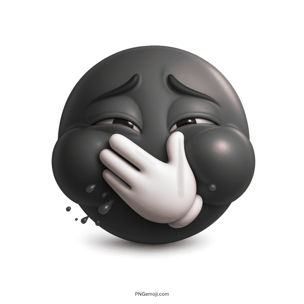Black troll face emoji laughing hard with tears and hand covering mouth PNG