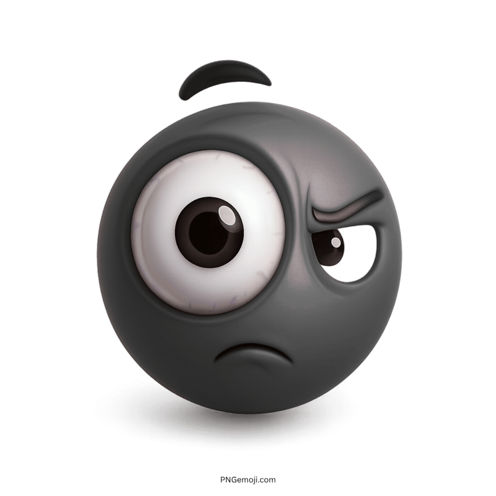 Black troll face emoji looking suspicious with one big eye open and frowning