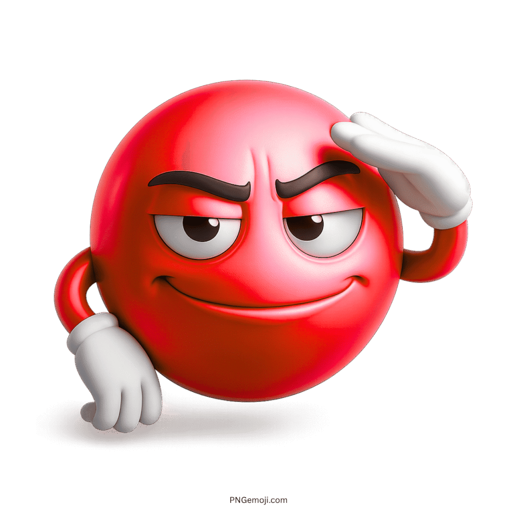 3D red emoji face smirking confidently while giving a cheeky salute