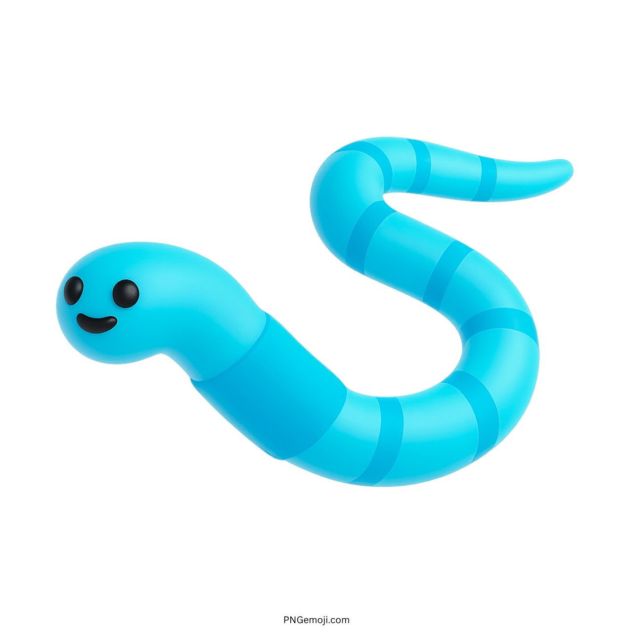 Blue smiling worm emoji with dark stripes on green background, cute 3D cartoon style