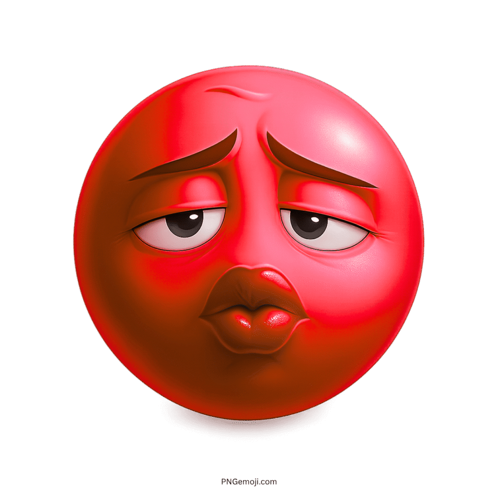 3D red emoji face with puckered lips making a sad kiss expression