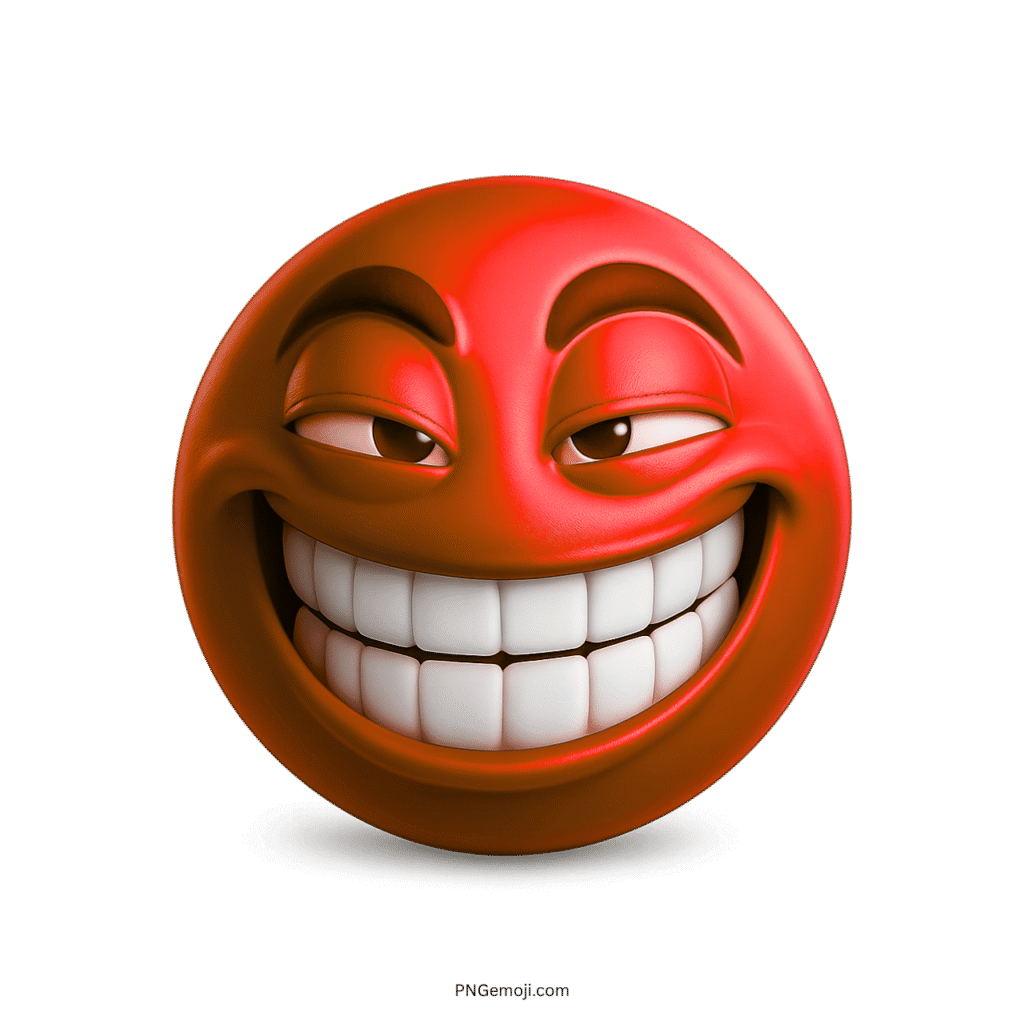 3D red mischievous emoji face with big white teeth and sly smiling expression