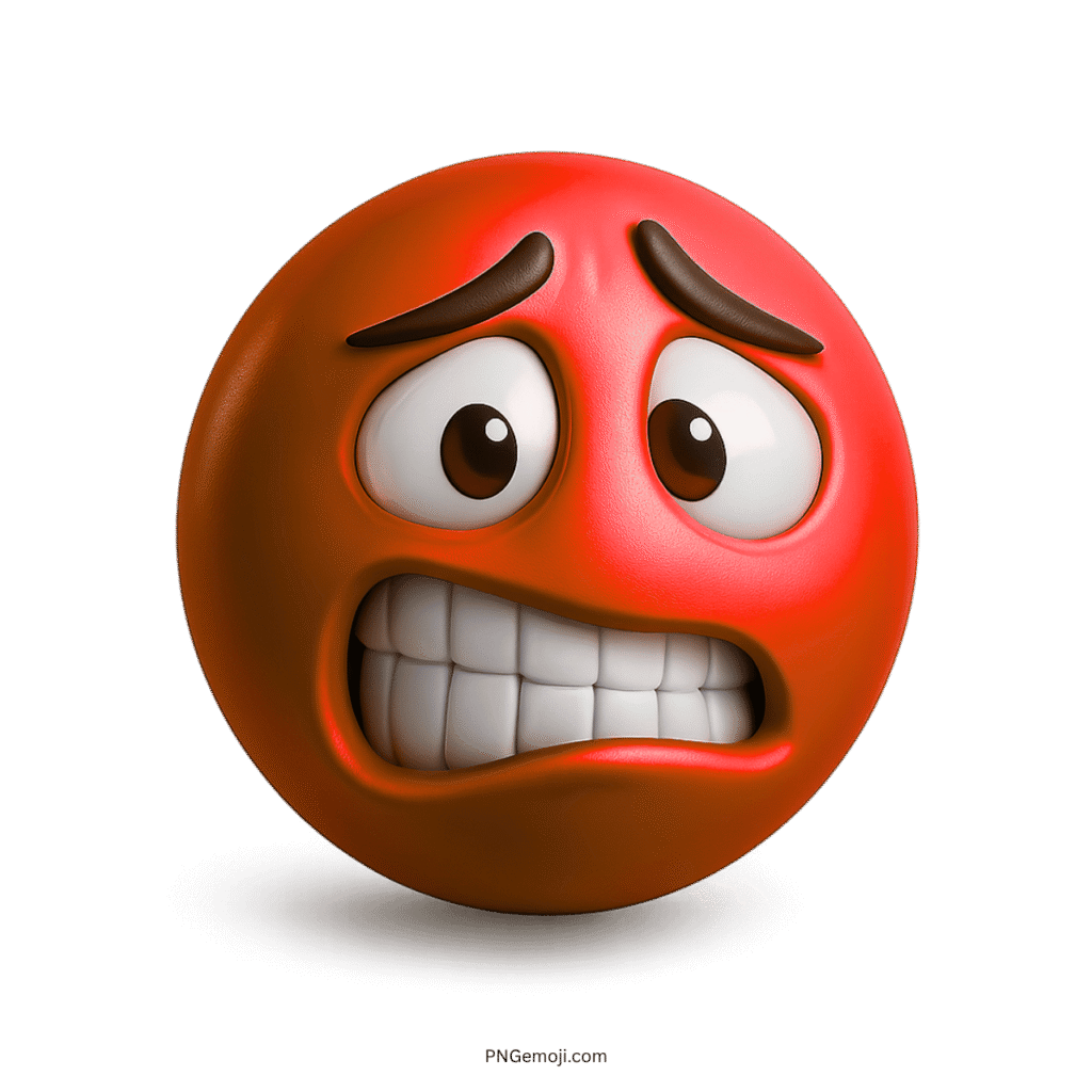 3D red emoji face with big eyes and nervous awkward grin expression
