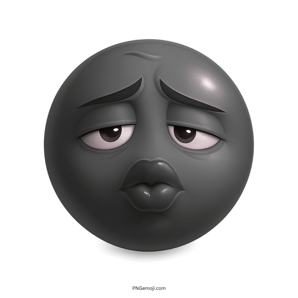 Black troll face emoji with pouty lips and sad, tired kiss expression in PNG