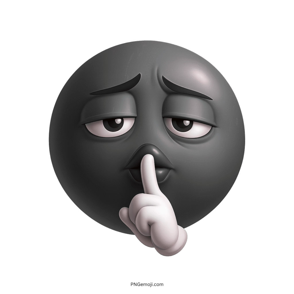 Black troll face emoji making “shh” gesture with a silent, smug expression
