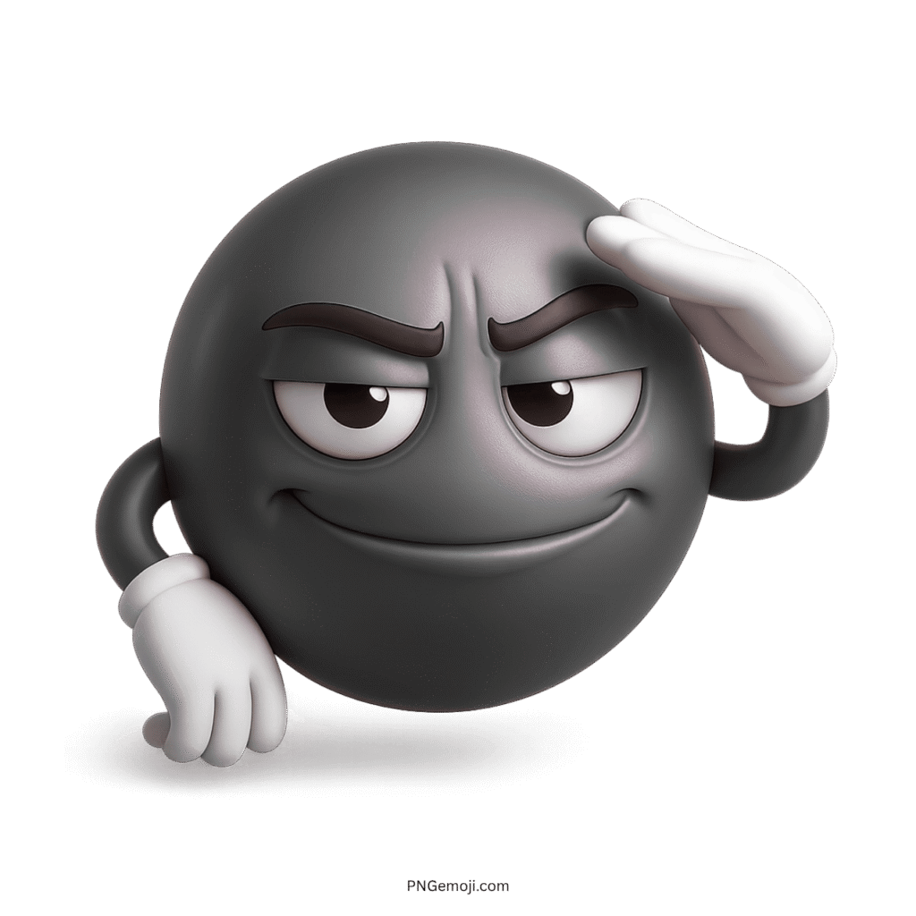 Black troll face emoji giving a salute with confident smirk and smug expression PNG