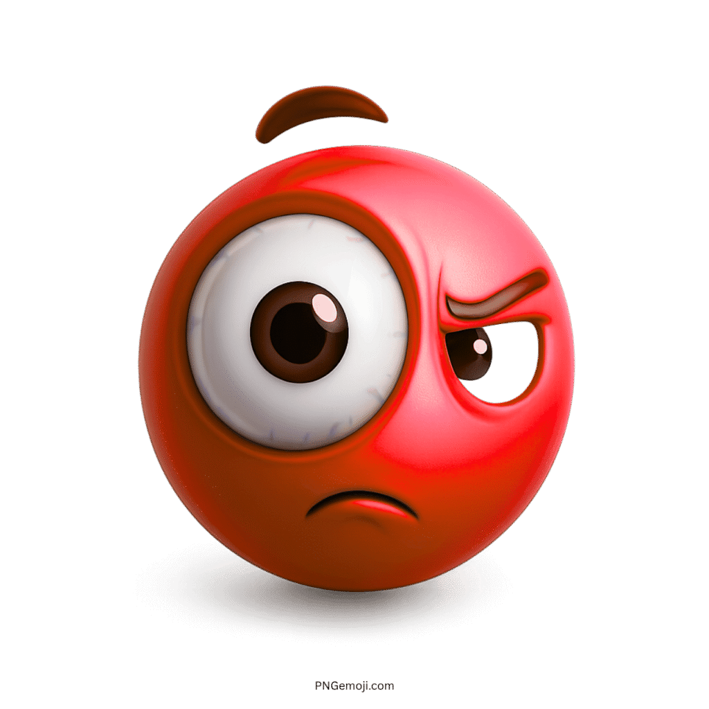 3D red emoji with one huge eye showing suspicious doubtful expression