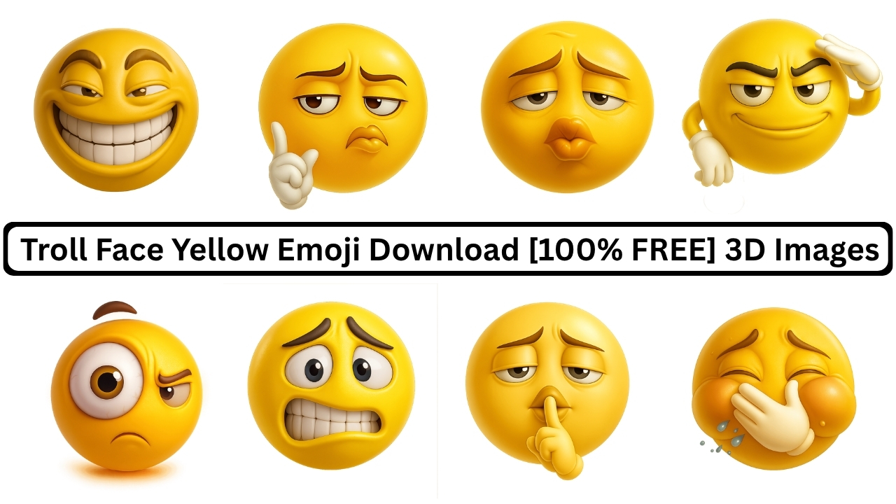 Collection of 3D yellow troll face emojis with various funny expressions PNG