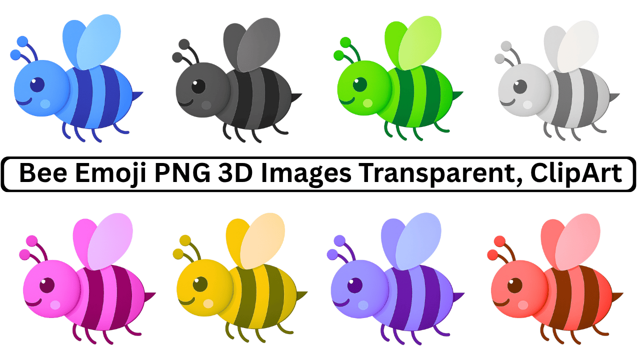 Collection of colorful bee emoji 3D images with various stripes and wings in PNG format
