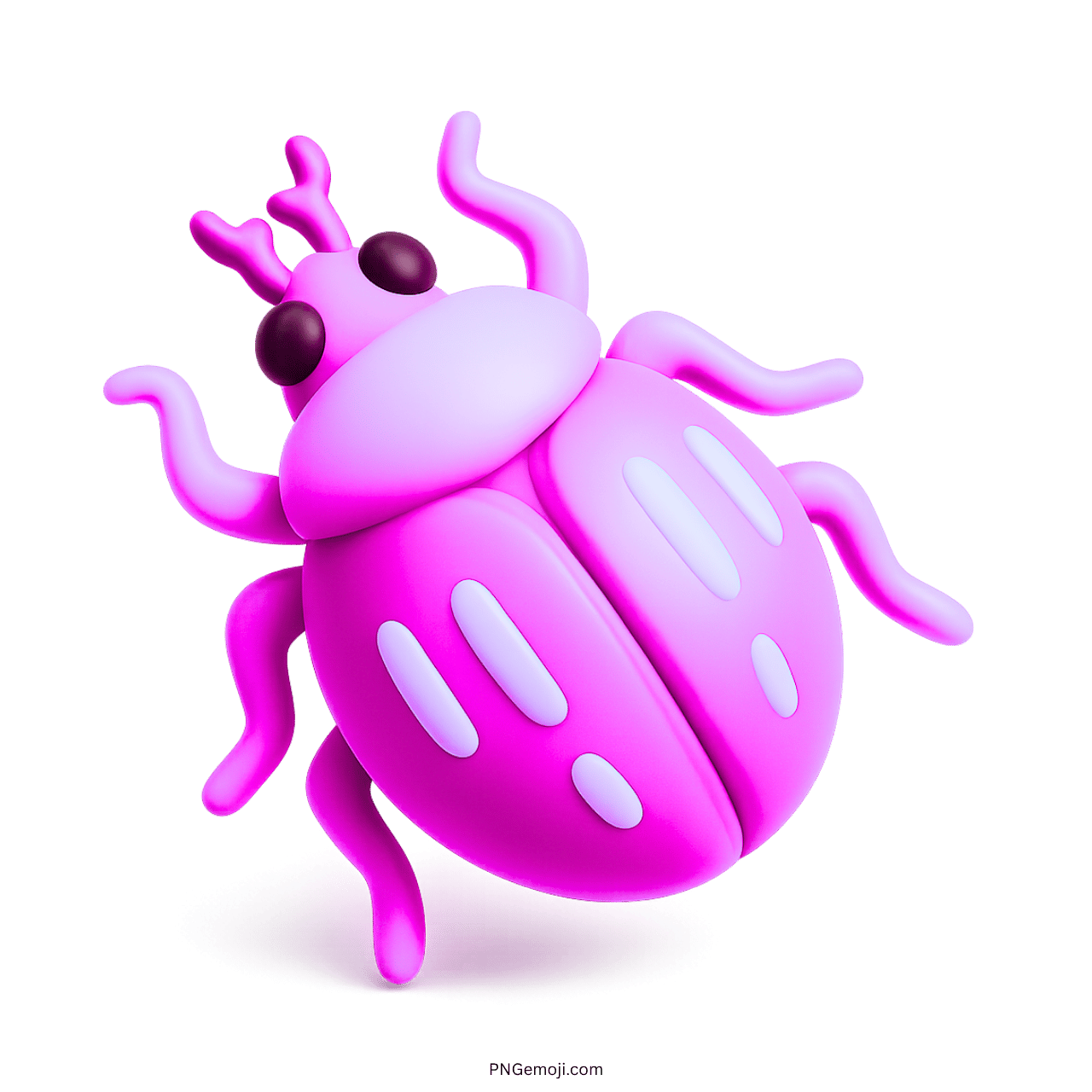 Cute pink 3D cartoon beetle emoji with big eyes and wavy legs on green background, playful bug design