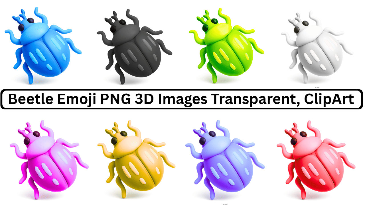 Set of colorful 3D beetle emojis in blue, black, green, white, pink, yellow, purple, red, transparent clipart.
