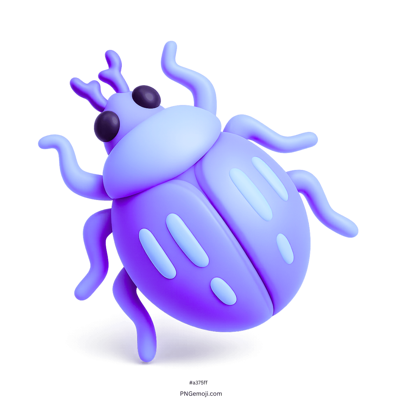Adorable purple 3D cartoon beetle emoji with big eyes and wavy legs on green background, fun bug design