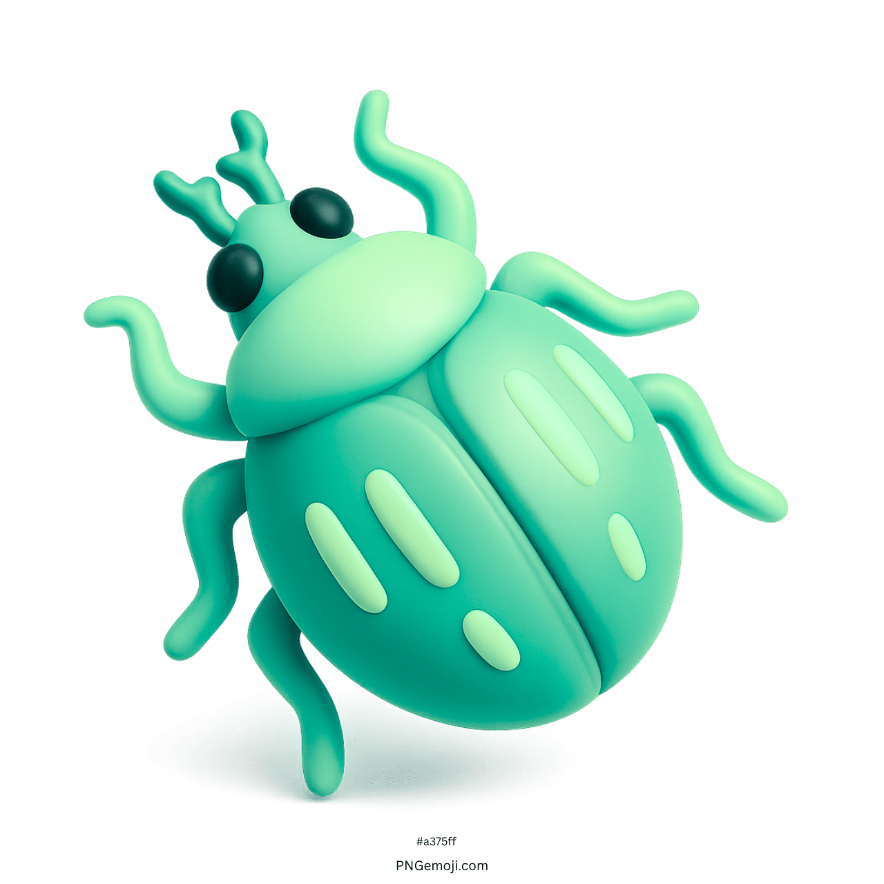 Cute teal 3D cartoon beetle emoji with big eyes and wavy legs on green background, playful bug design