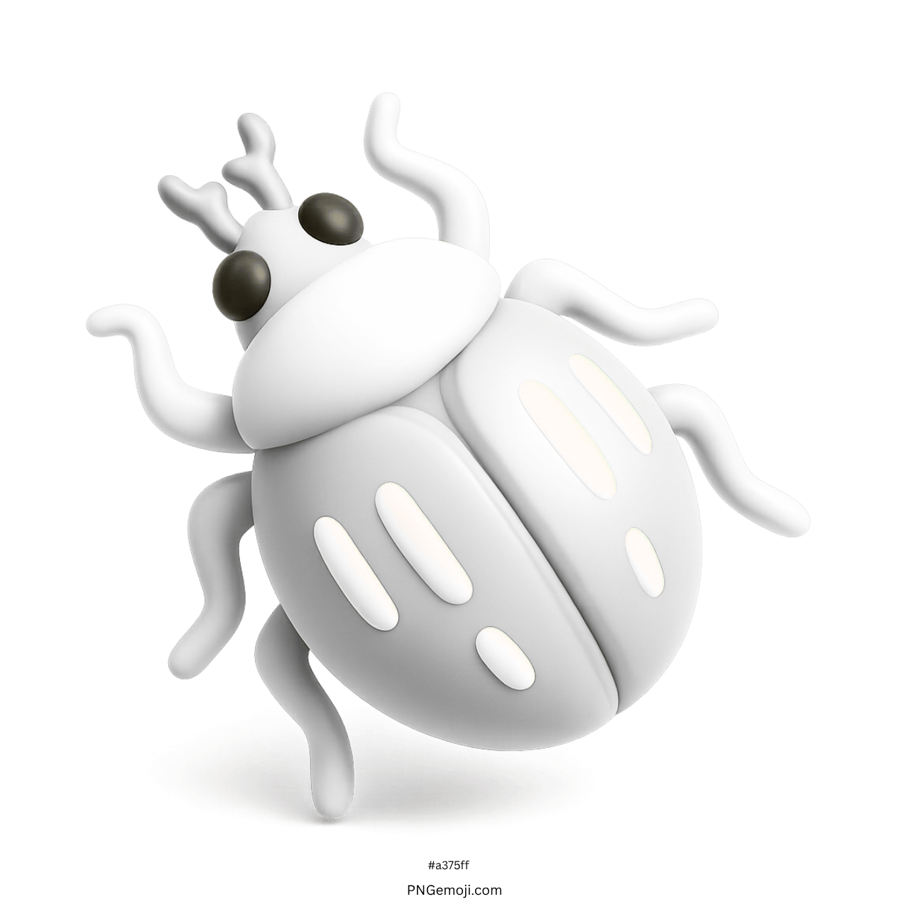 Cute white 3D cartoon beetle emoji with big eyes and wavy legs on green background, playful bug design