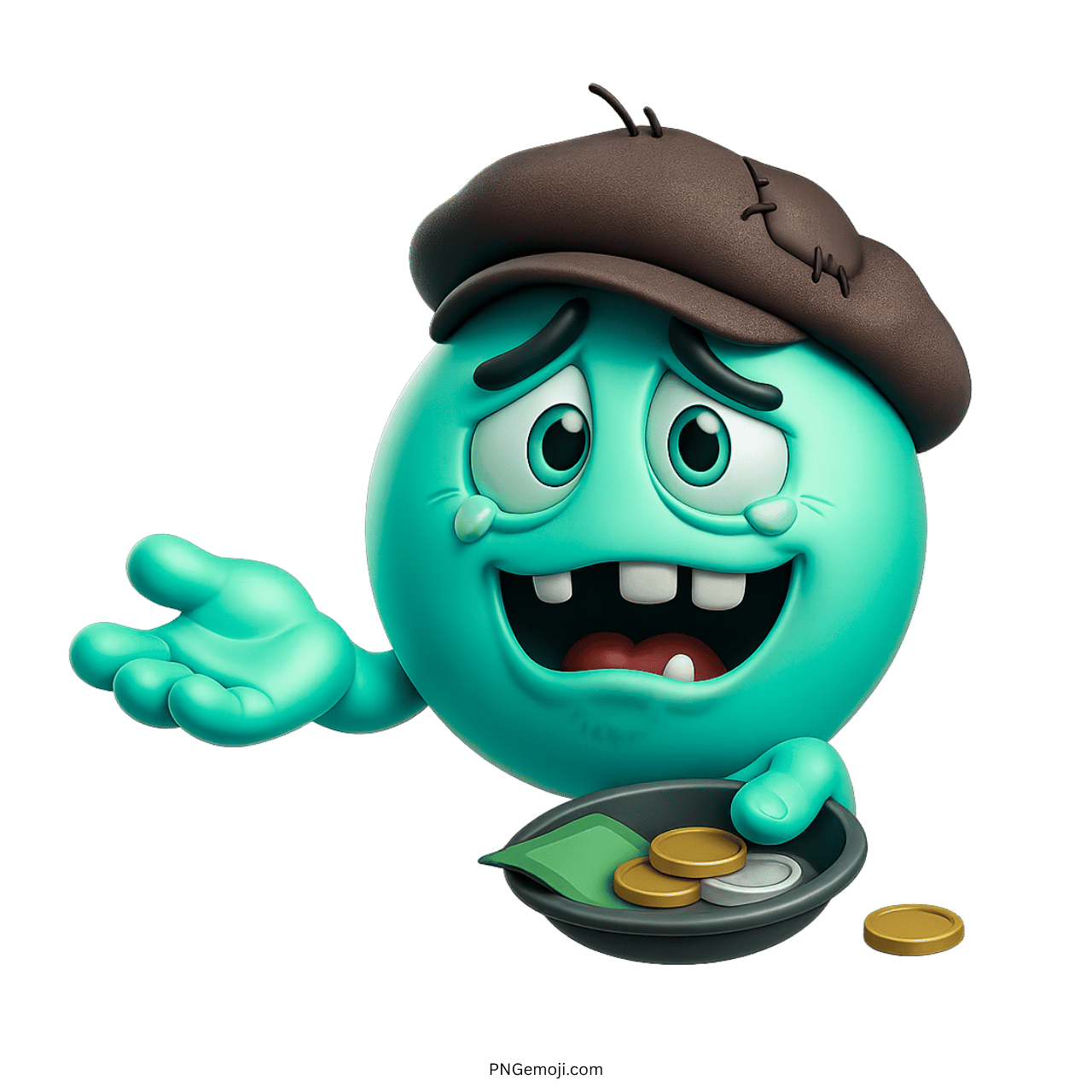 Cartoon beggar emoji with a hat holding a bowl of coins and looking sad.
