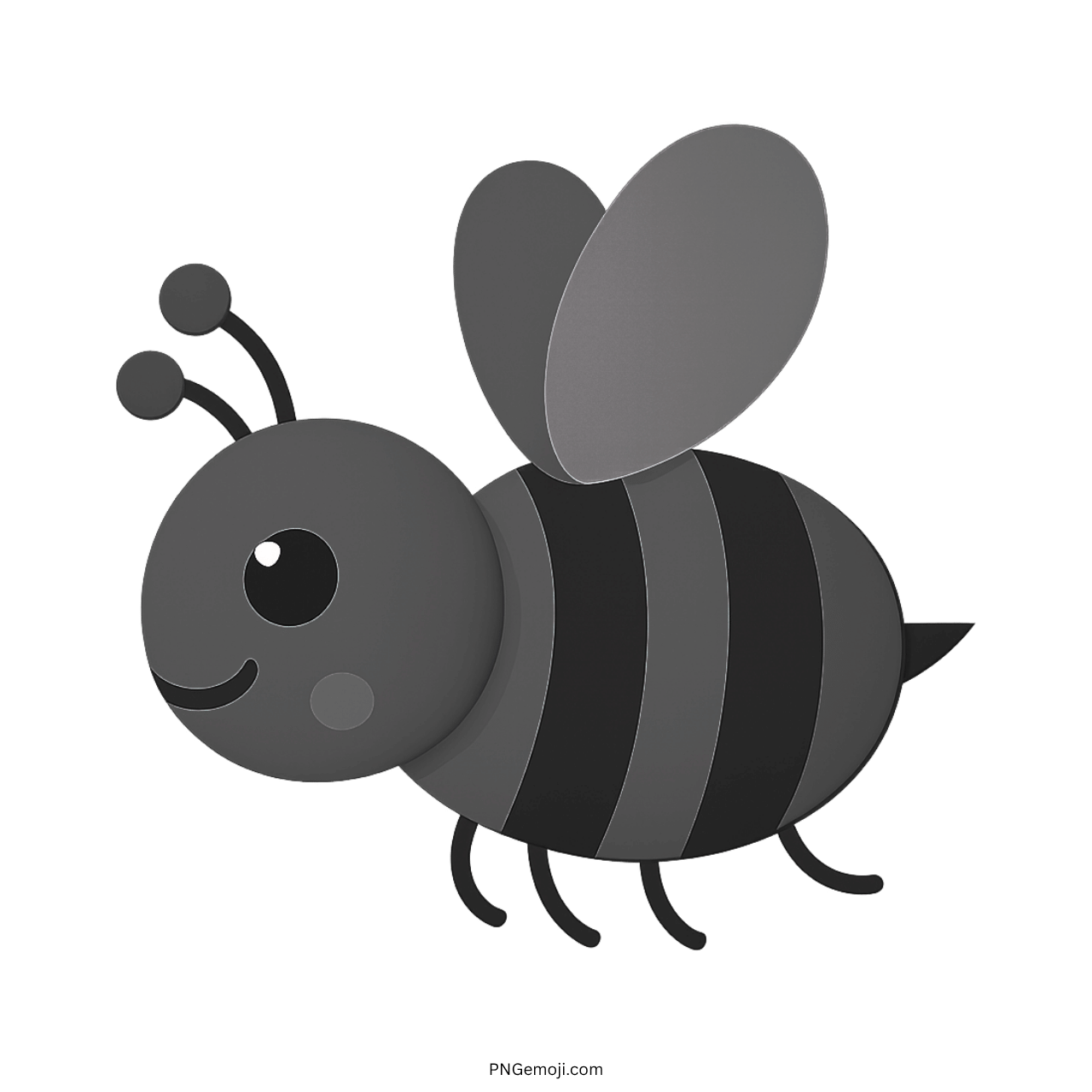 3D black and gray bee emoji with striped design and a cheerful smile on a transparent background