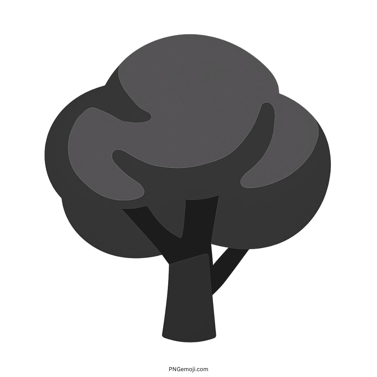 Black and grey deciduous tree emoji with smooth design and dark trunk on transparent background