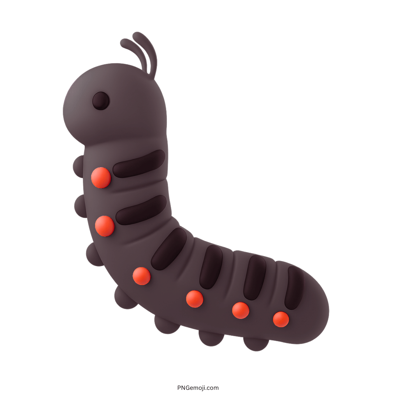  3D black caterpillar emoji with orange segments and transparent background.