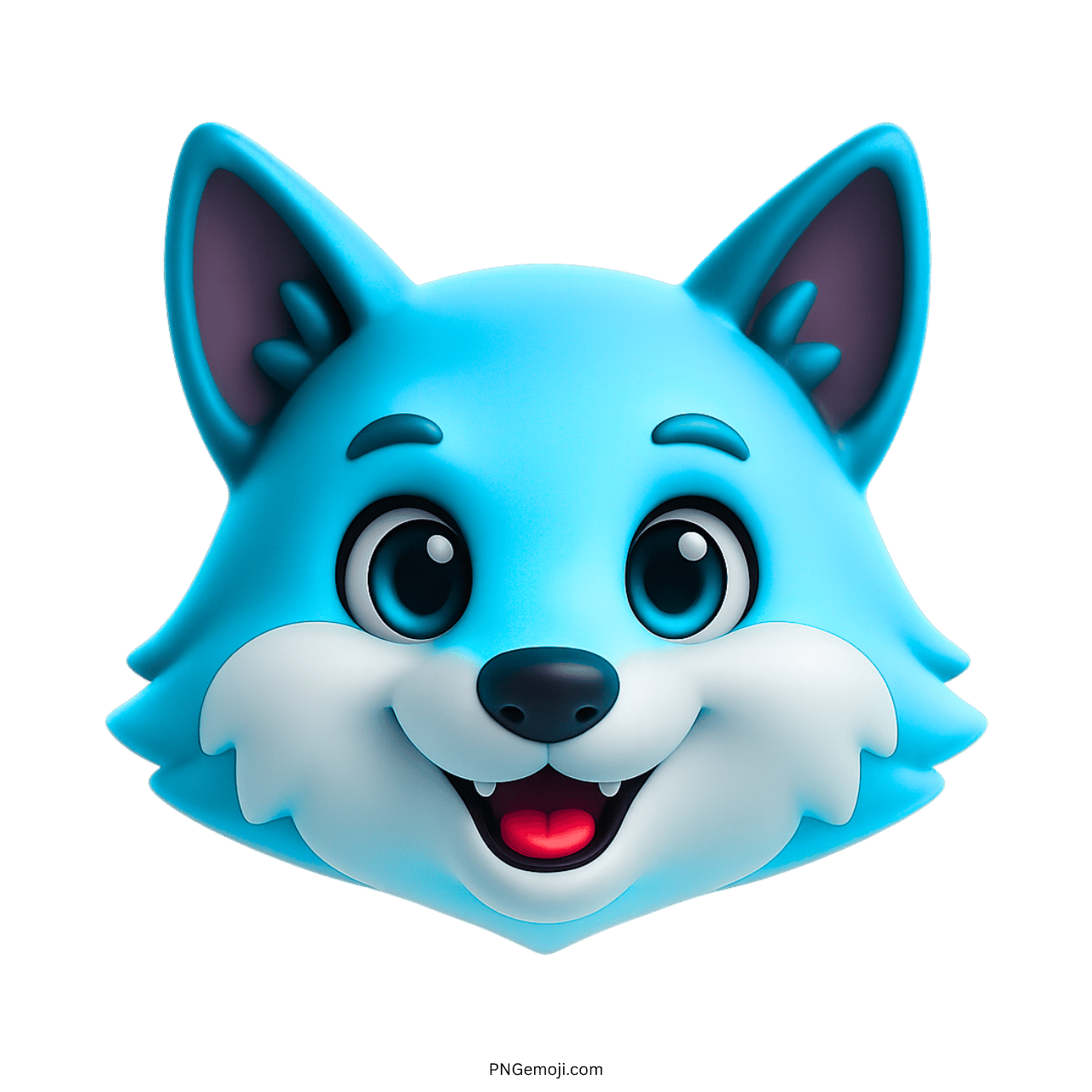 Blue 3D wolf emoji face with cute smile and playful cartoon animal expression