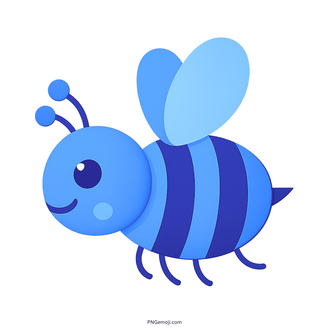 3D blue bee emoji with striped design and cute smiley face on a transparent background.