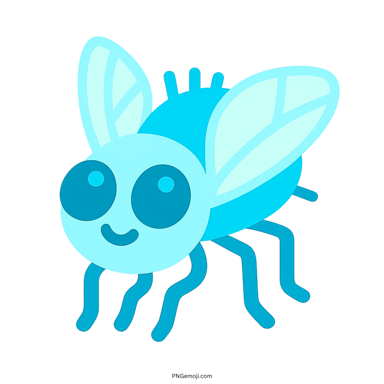 Cute blue cartoon fly emoji with large wings and smiling face clipart