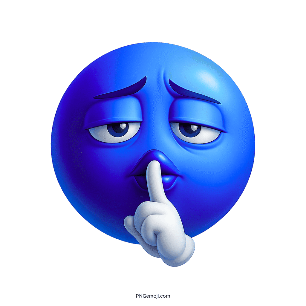 3D blue troll emoji making shushing gesture with serious sarcastic expression on face