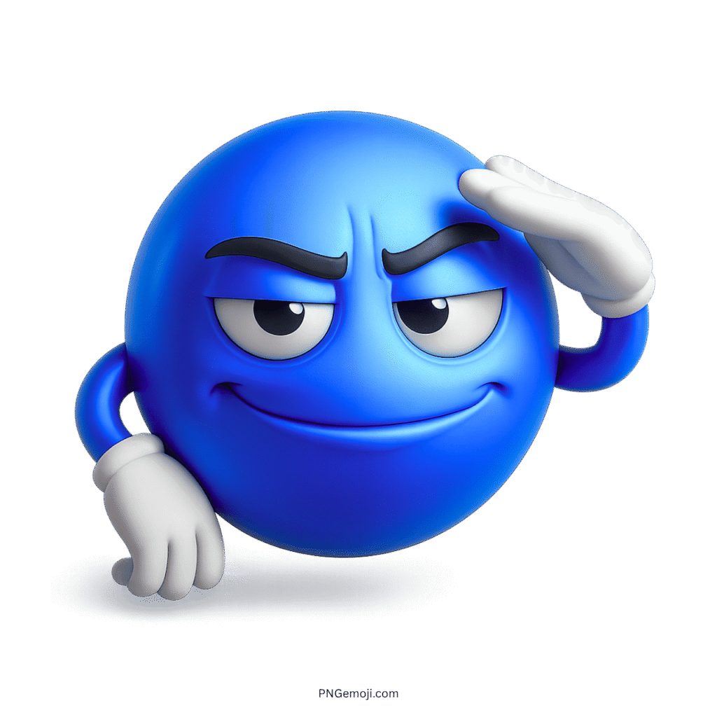 3D blue troll emoji with smug smile and salute gesture in confident expression