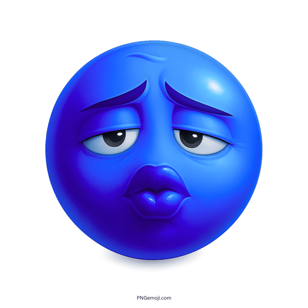 3D blue emoji troll face with pouting lips and sleepy eyes for kiss reaction