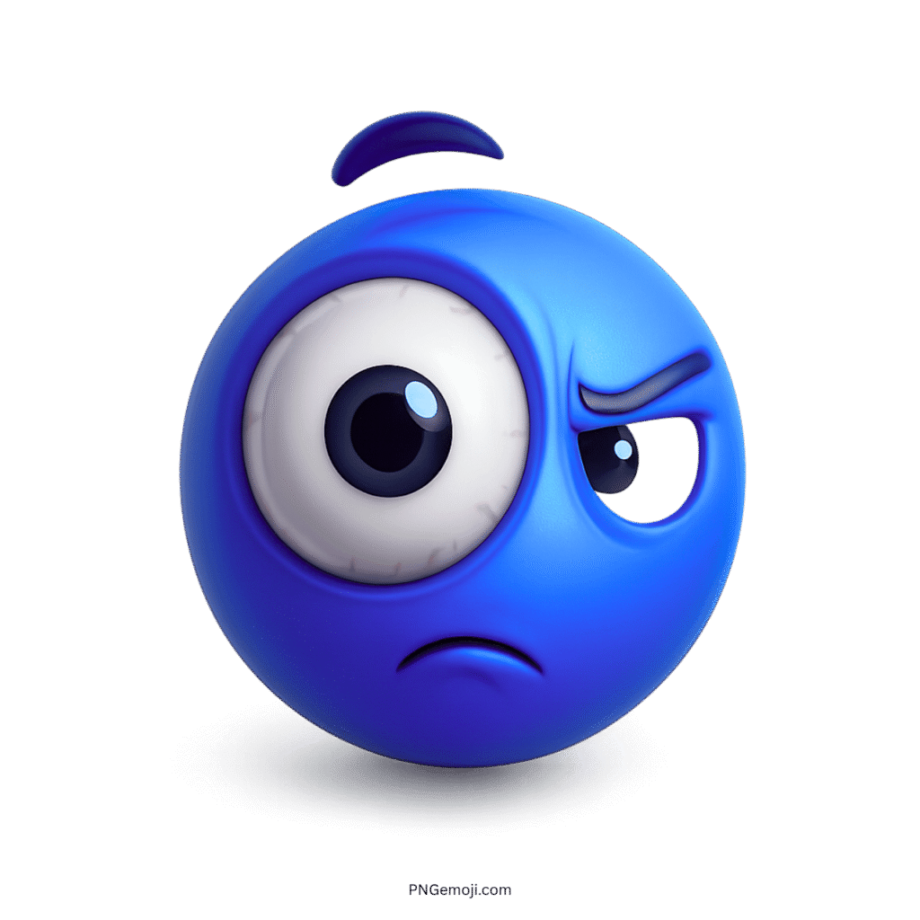 3D blue troll emoji with one big eye and suspicious, sarcastic facial expression