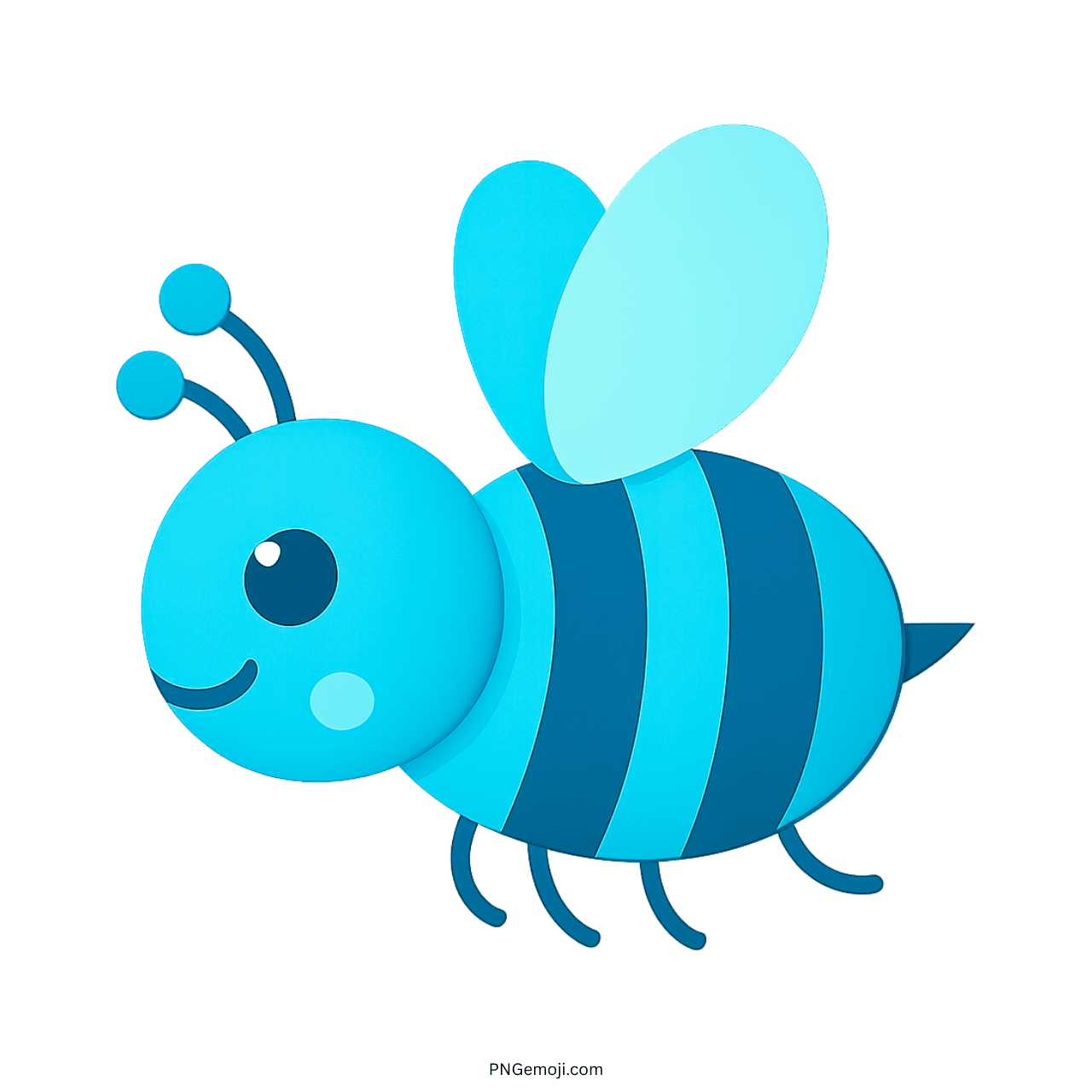 Cute blue and turquoise bee emoji with wings and stripes, cartoon-style illustration