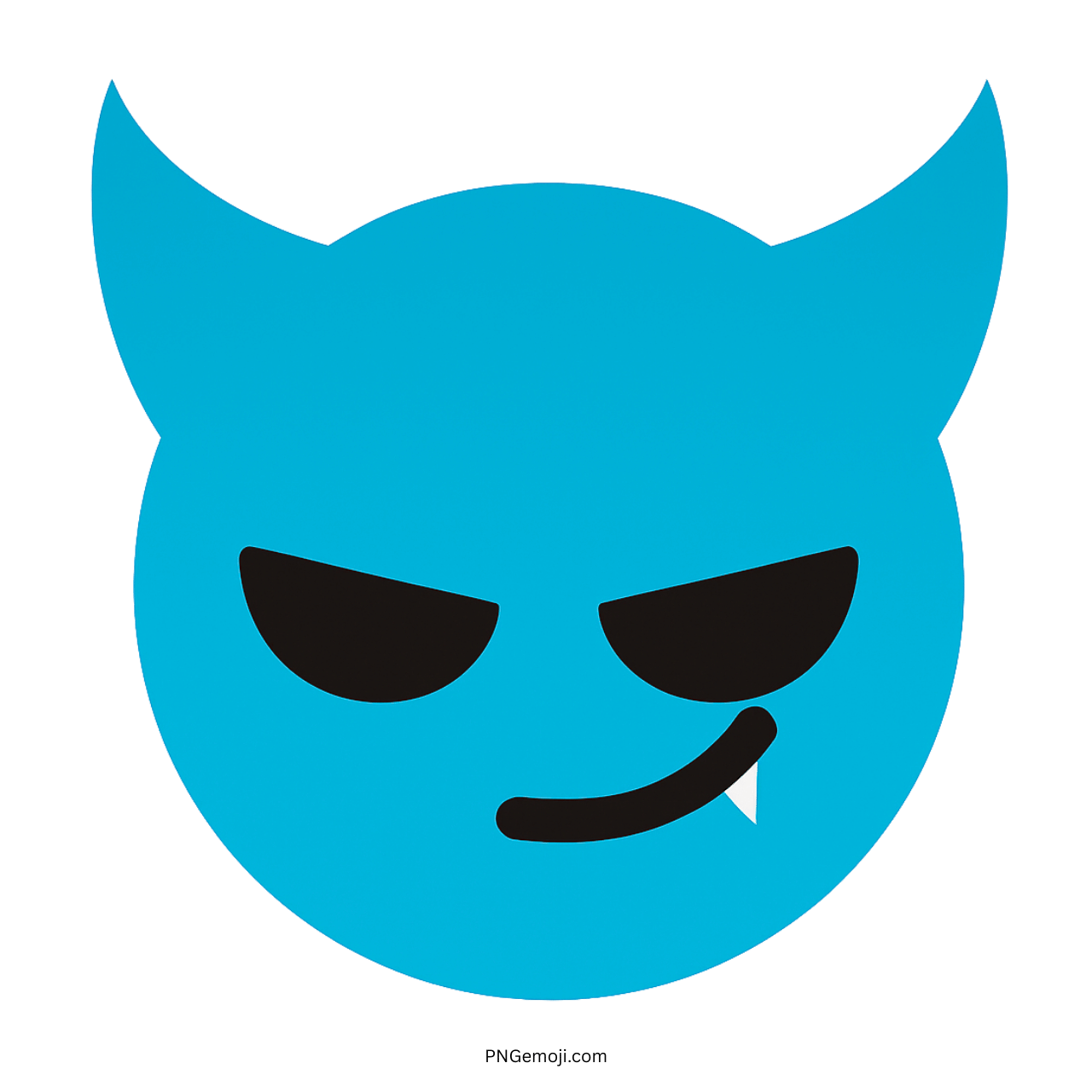 Blue wicked devil Tiktok emoji face with horns, fang, and sly mischievous smile