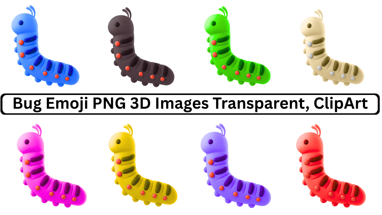 Colorful bug emoji 3D PNG images with transparent background, various colors like blue, green, purple, and yellow