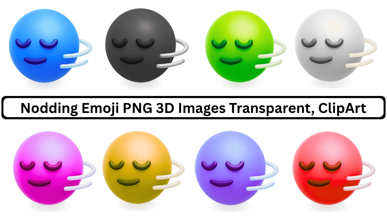 Set of 8 colorful 3D nodding face emojis with calm smile and motion lines
