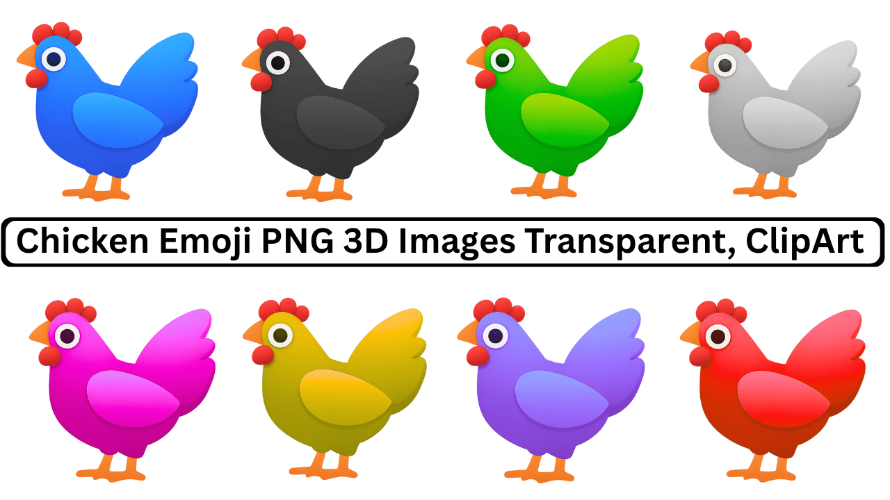 Set of colorful 3D chicken emojis in blue, black, green, gray, pink, yellow, purple, and red with transparent background.