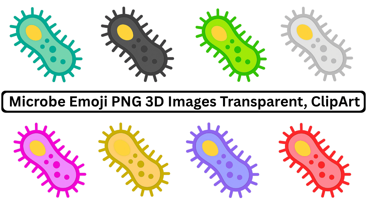 Vibrant set of 3D microbe emojis in green, black, gray, pink, yellow, purple, and red with transparent background