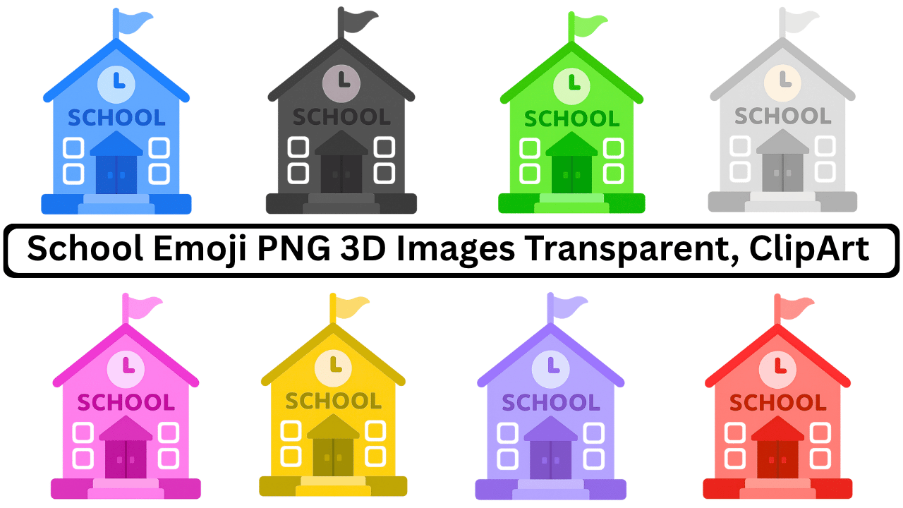 3D school emoji PNG set with eight colorful buildings and transparent clipart format