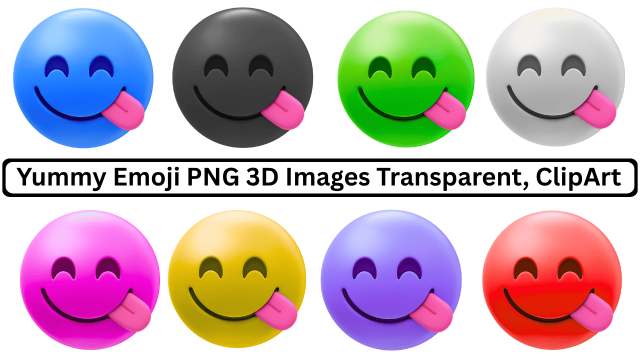 Collection of colorful 3D yummy emojis with different colors and a playful tongue out.