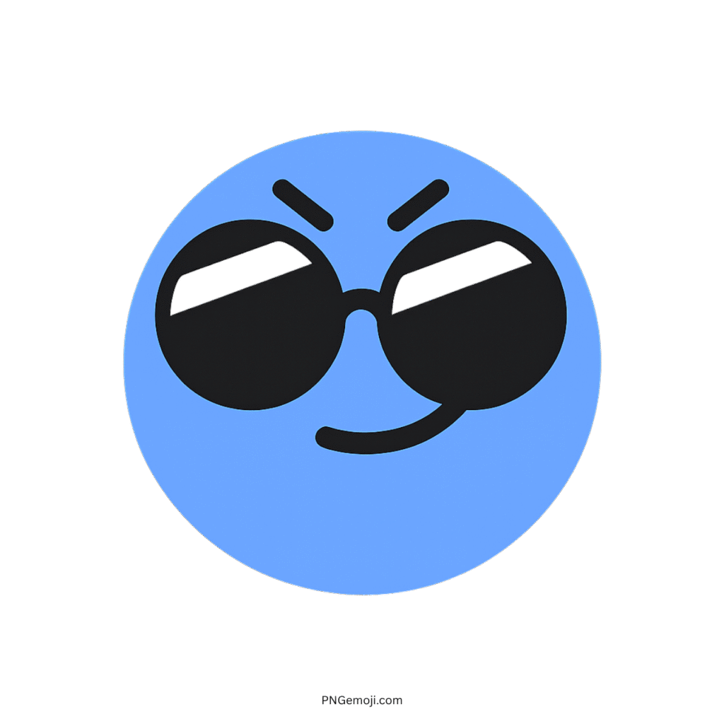 Complacent TikTok emoji featuring a blue smiley face with sunglasses and a smirk.