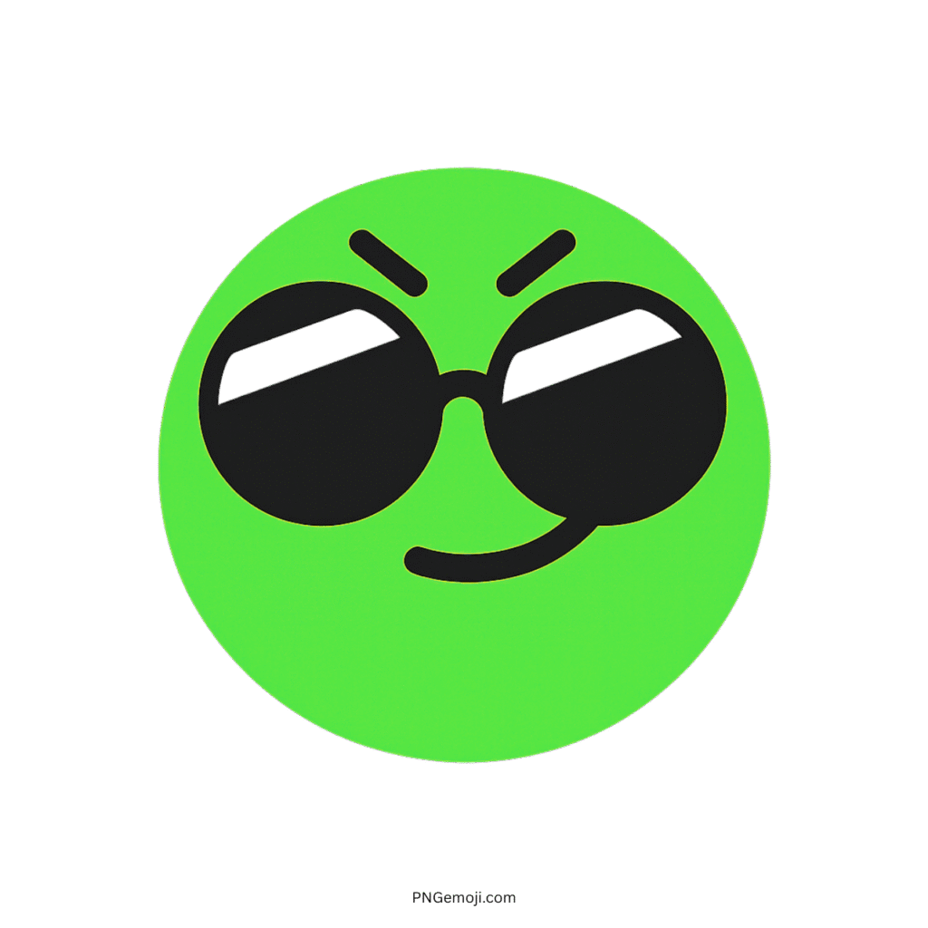 Complacent TikTok emoji featuring a green smiley face with sunglasses and a smirk.