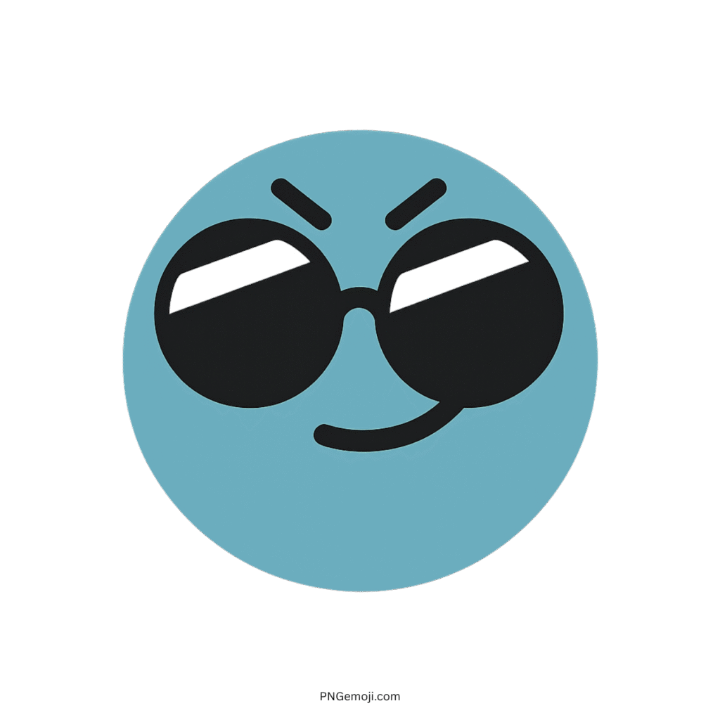 Complacent TikTok emoji featuring a light blue smiley face with sunglasses and a smirk.