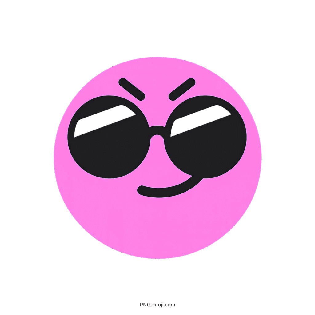 Complacent TikTok emoji featuring a pink smiley face with sunglasses and a smirk.