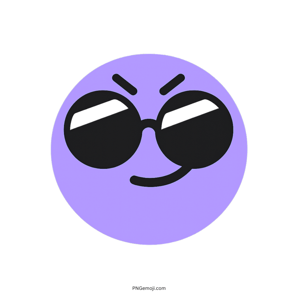 Complacent TikTok emoji featuring a purple smiley face with sunglasses and a smirk.
