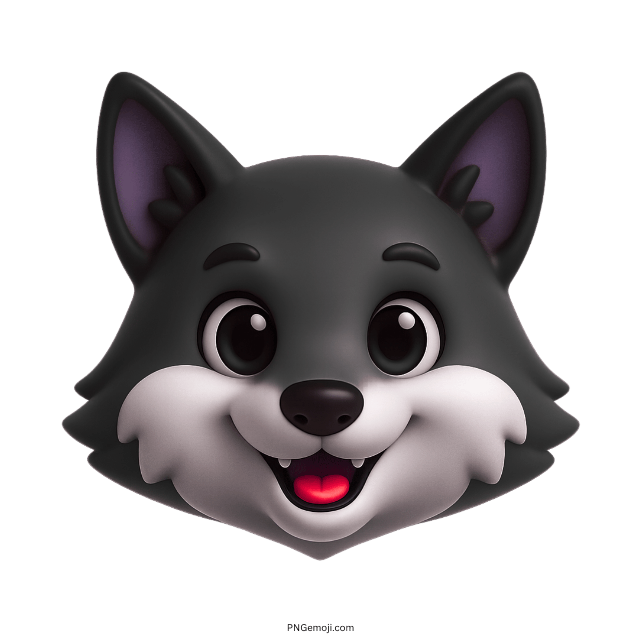 Cute 3D wolf emoji icon with big eyes and smiling cartoon animal face